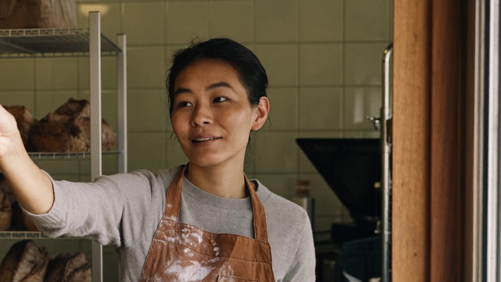A baker in a flour-dusted apron leaning out of her serving hatch, mid-sentence, reaching to hand something across.
